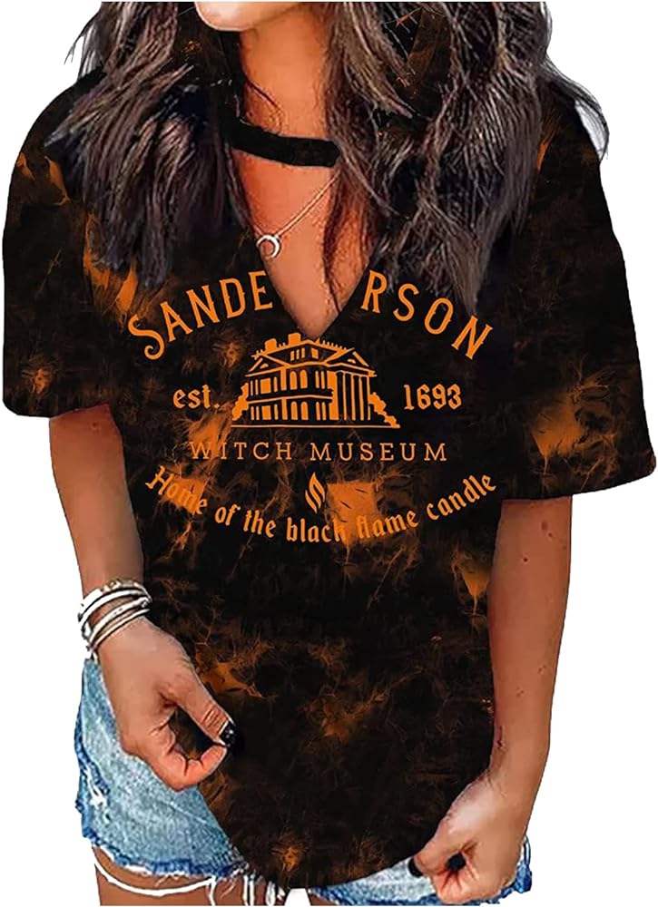 Halloween Hollow Out V Neck T Shirts for Women Sanderson Witch Museum Graphic Tee Blouse Reverse Tie Dye Rainbow Tops