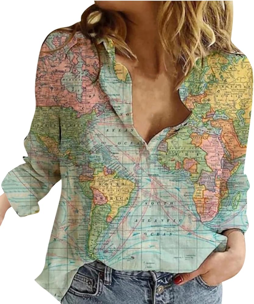 Women's World Map 3D Print T-Shirt - Casual Loose Button Front Blouse Button Down Shirt V-Neck Long Sleeve Casual Top