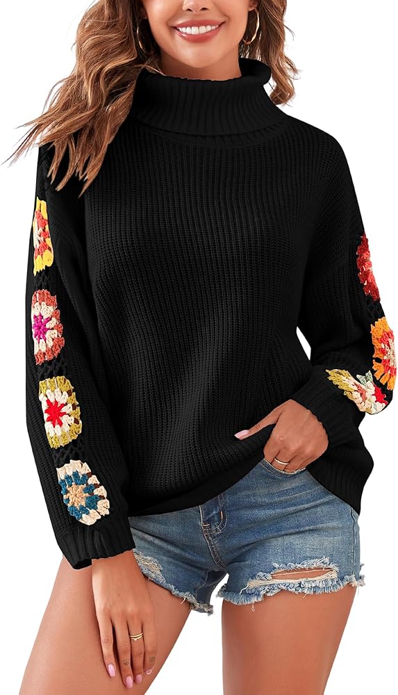 ZAFUL Flower Turtleneck Sweater for Women Crochet Regan Sleeve Sweaters Trendy Pullover Knitwear