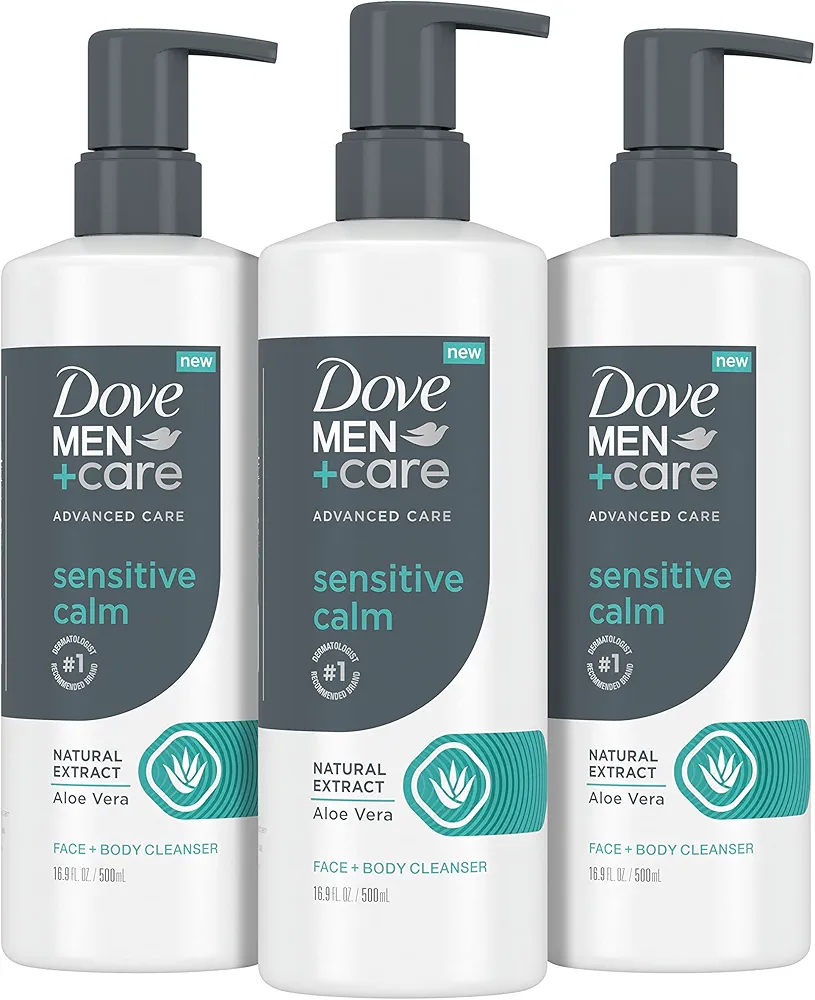 DOVE MEN + CARE Advanced Care Face + Body Cleanser Sensitive Calm 3 Count for Sensitive Skin Body Wash with Natural Extract Aloe Vera 16.9 oz