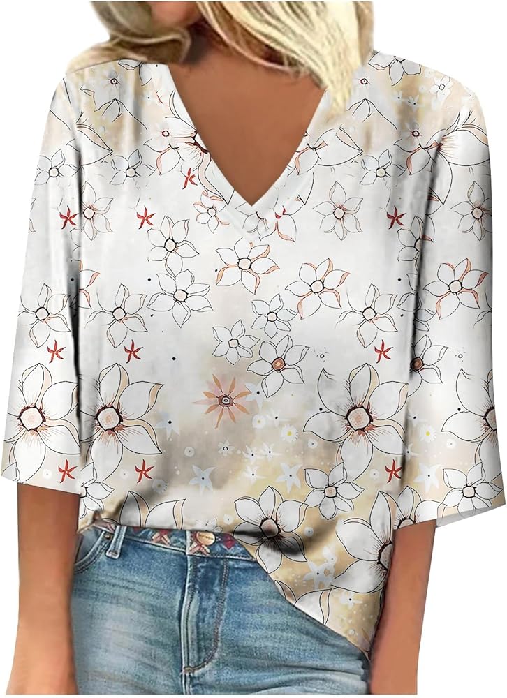 Summer Tops for Women 2024 V Neck 3/4 Sleeve Shirt Graphic Printed Blouse Tunics Trendy Cute Tee Flowy Boho Clothing