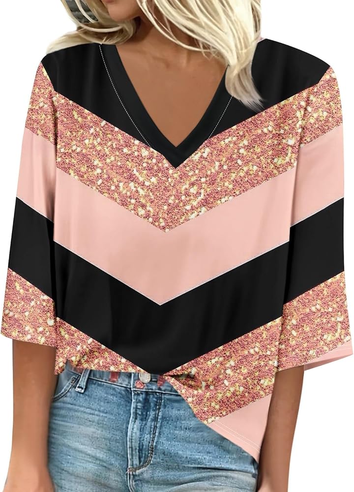 Tops for Women Trendy 3/4 Length Sleeve V-Neck Shirts Print Cute Blouses Basic Casual Tunic Trendy Loose Fit Clothing