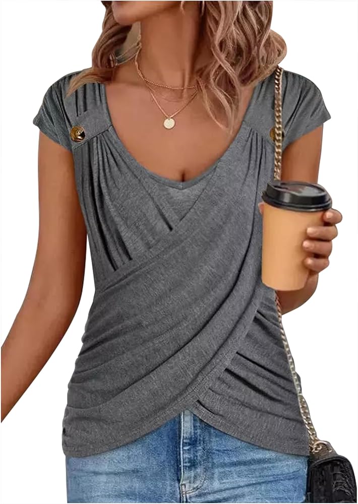 Button Ruffled Criss-Cross Fake Two-Piece T Shirts Blouse for Women Casual Fit Sexy V Neck Shirt Short Sleeve Tunic Tops