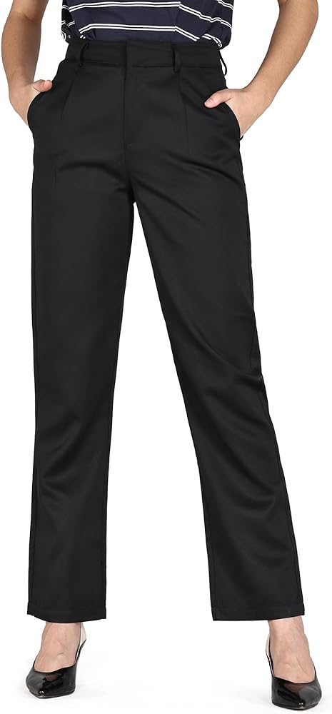 Bamans Dress Pants Women Black Work Business Trousers Straight Leg High Waisted Office 29" Ladies Slacks with Pockets