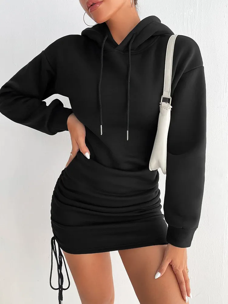 ABZEKH Women Sweatshirts Fashion Sweatshirts Drop Shoulder Drawstring Ruched Hoodie Dress (Color : Black, Size : Small)