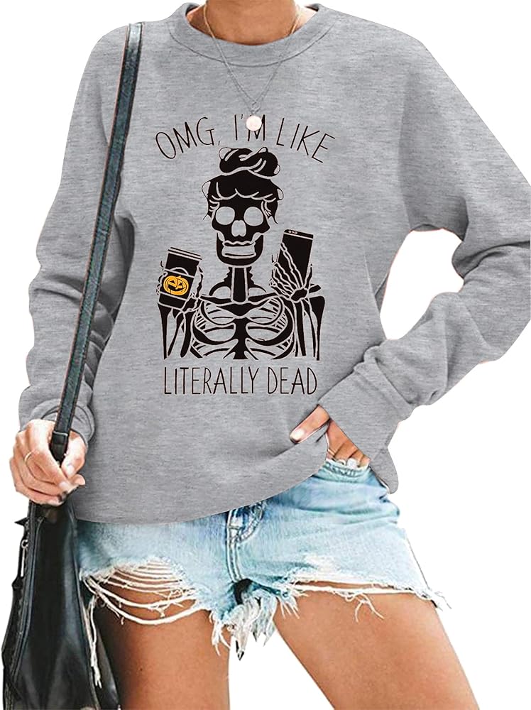 MOUSYA Women Skull Sweatshirt Casual Coffee Cup Graphic Tee Leopard Skeleton Pullover Funny Letter Print Long Sleeve Shirt