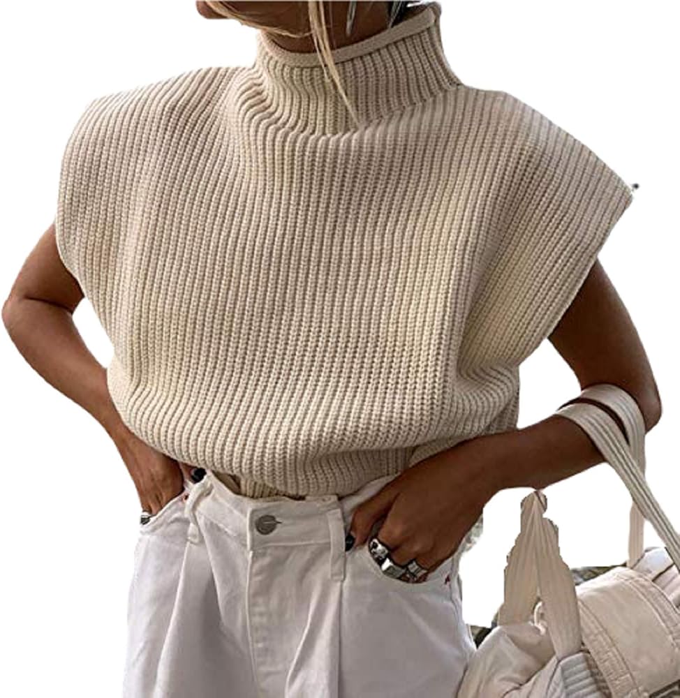 Luckinbaby Casual Women’s Knit Sweater Vest Turtleneck Sleeveless Knitted Tank Tops Shoulder Pads Fall Winter Knitwear Shirts