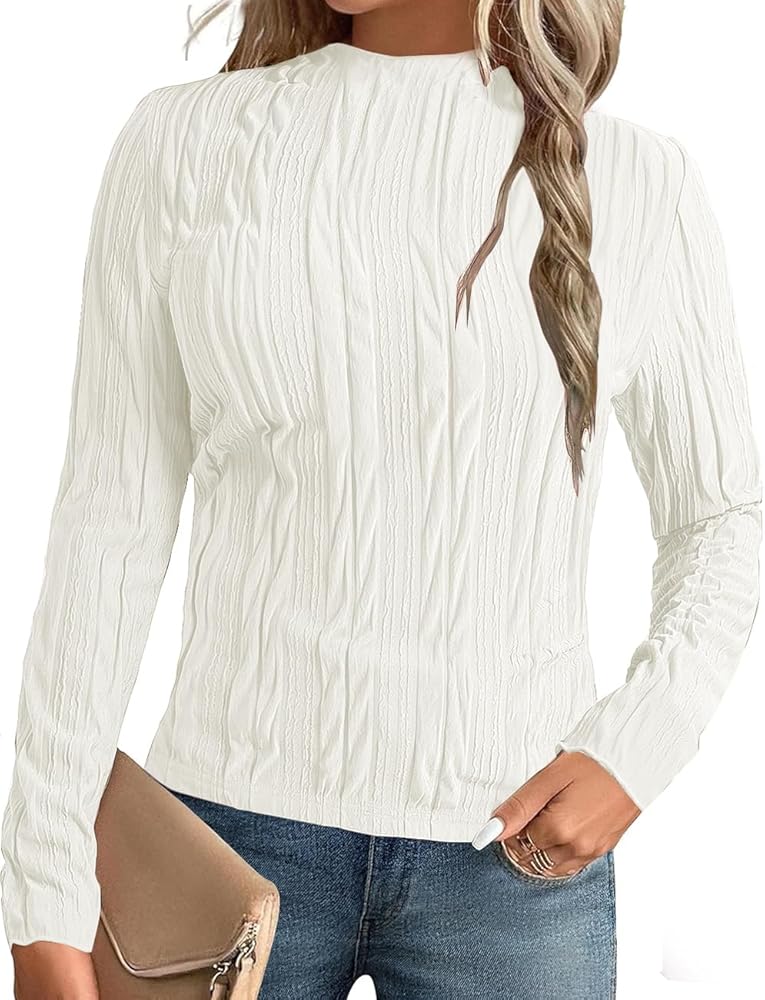 Women's Textured Tops Long Sleeve Shirt Mock Neck Blouse Casual Top Autumn Tshirts