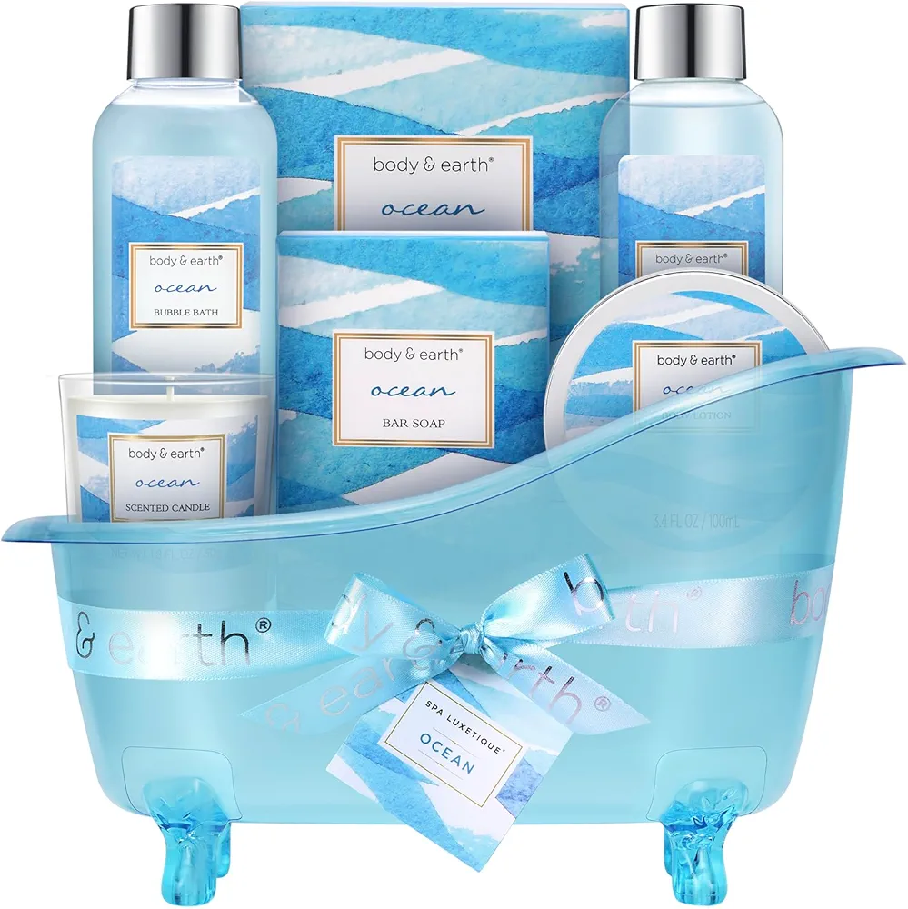 Bath and Body Gift Set for Women - Body & Earth Ocean Gift Basket, 7 Pcs Beauty Gift Sets with Bubble Bath, Body Lotion, Scented Candle, Spa Kit for Women, Blue Gifts for Her