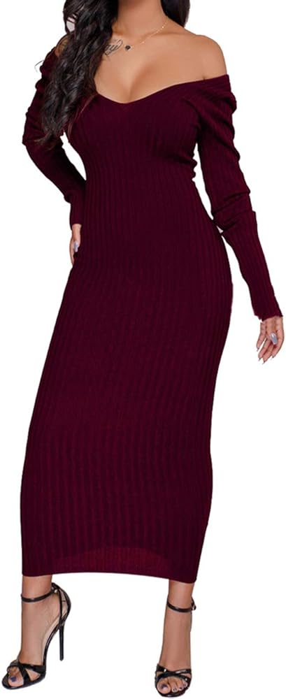 SheKiss Womens Off Shoulder Plus Size Work Business Sweater Dresses Long Sleeves Bodycon Cardigans Outfits