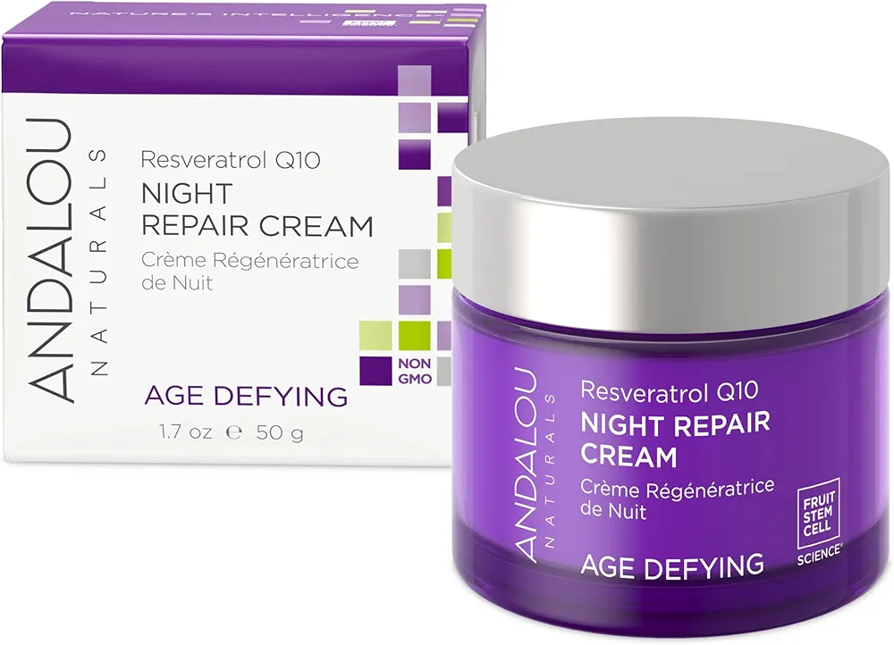 Andalou Naturals Resveratrol Q10 Night Repair Cream, For Dry Skin, Fine Lines & Wrinkles, For Softer, Smoother, Younger Looking Skin, 1.7 Ounce