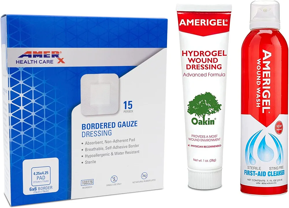 AMERIGEL Total First Aid Bundle - Large - Hydrogel Wound Dressing (1 oz.) - Saline Wound Wash First Aid Cleansing Solution (7.1 oz.) - Bordered Gauze Adhesive Bandages (15 Pads)