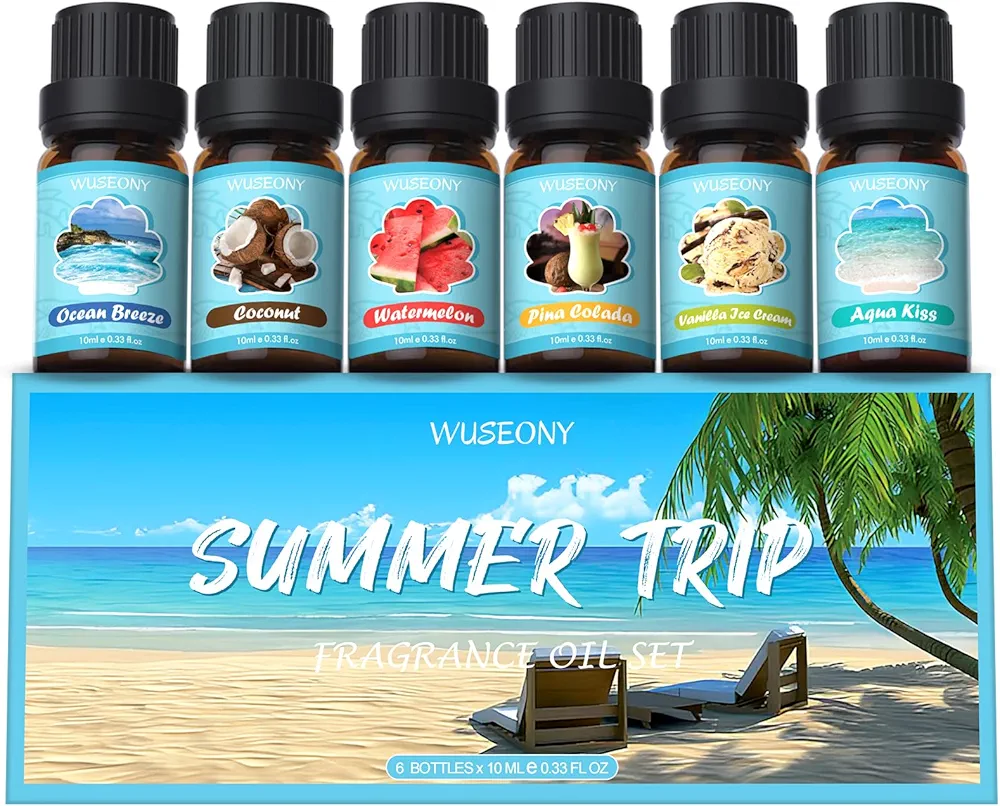 Summer Fragrance Oils Set, Premium Essential Oils for Diffuser, Natural Aromatherapy Oils for Soap Candle Making - Ocean Breeze, Coconut, Pina Colada, Watermelon, Vanilla Ice Cream, Aqua Kiss