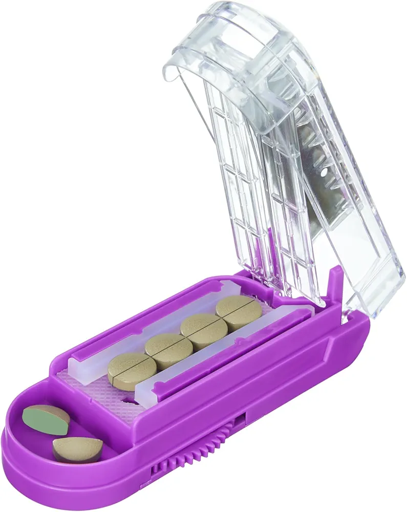 Pill Cutter for Multiple Pills at a Time, Pill Cutter Splitter for Small and Tiny Pills, Pill Cutter for Small or Large Pills, Pill Splitter with Hidden Sharp Stainless Steel Blade (Purple+Clear)