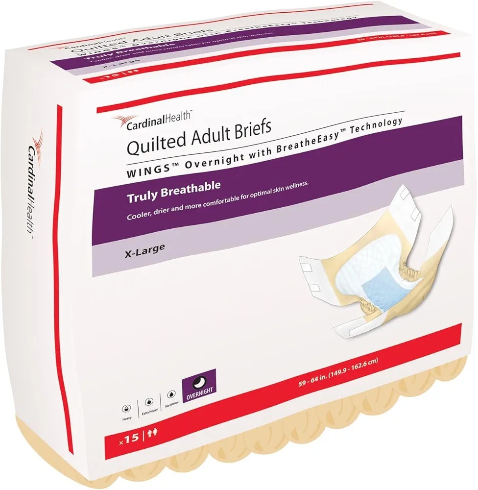 Cardinal Health™ Quilted Adult Briefs, Wings™ Overnight with BreatheEasy™ Technology, Maximum Absorbency, X-Large, Case of 60