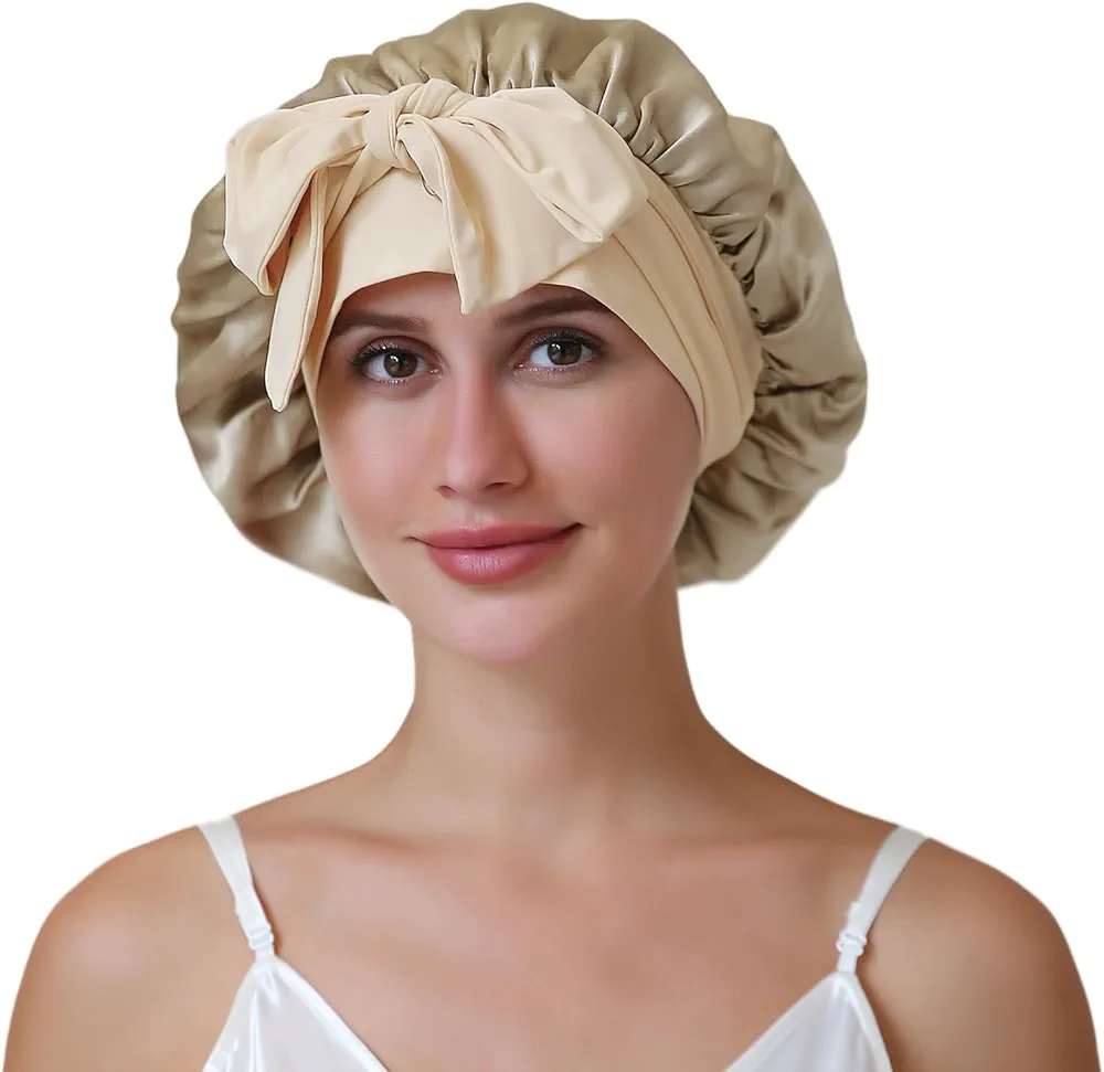 ZIMASILK 100% Mulberry Silk Bonnet for Sleeping Women Long Hair Double Layer Silk Hair Wrap with Elastic & Tie Band Cooling Hair Caps for Hair Care Stay On Head (1Pc, Coffee)