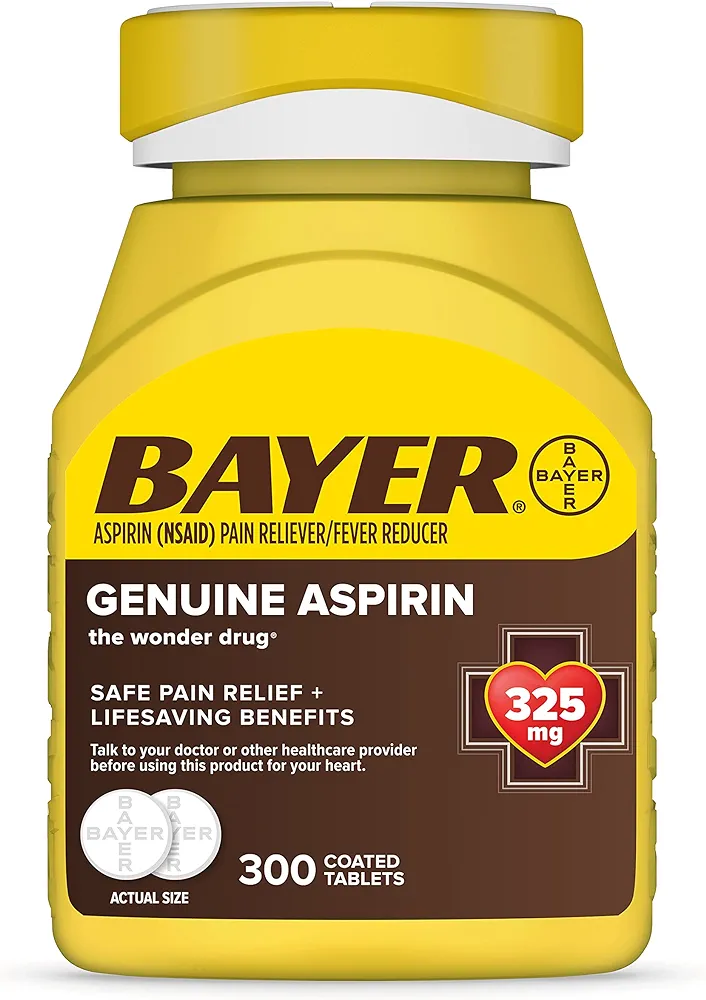 Bayer Genuine Aspirin 325 mg, Pain Reliever and Fever Reducer, Powerful Pain Relief of Headache, Muscle Pain, Minor Arthritis Pain, Back Ache, Toothache, and Menstrual Pain, 300 Coated Tablets