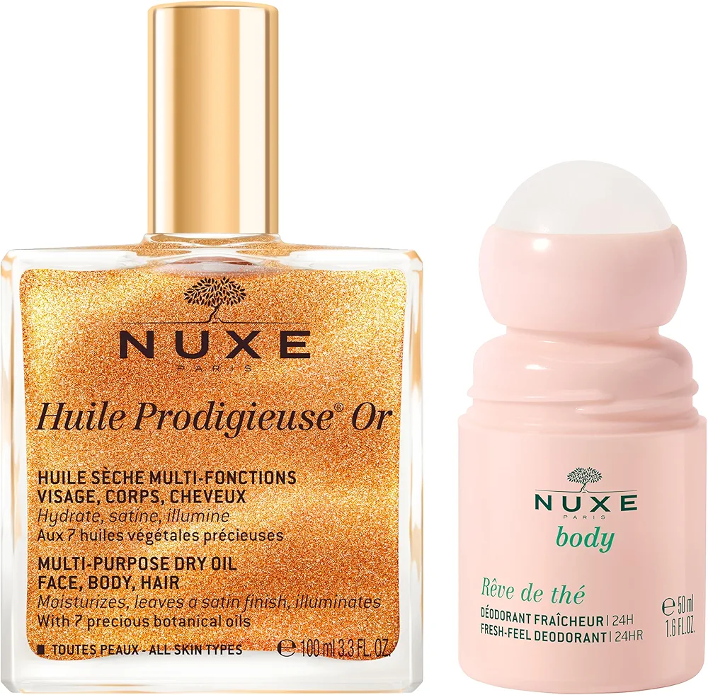 NUXE Huile Prodigieuse Shimmer Dry Oil (3.3 Fl Oz) & Rêve de Thé Aluminum-Free Deodorant (1.6 Fl Oz), Skincare Duo for Radiant Skin & 24-Hour Freshness