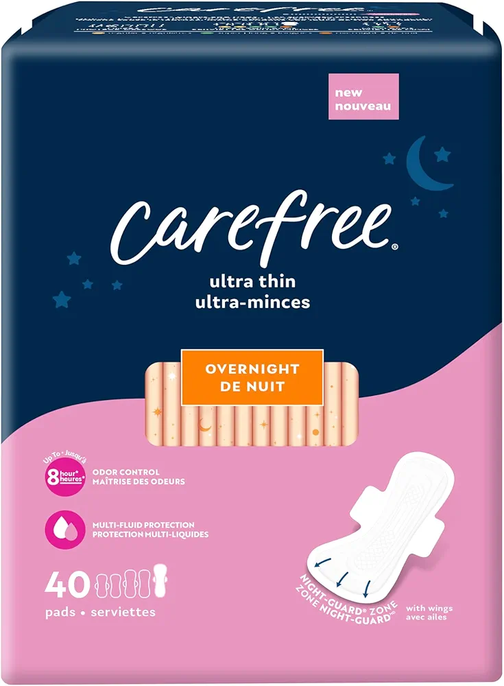 Carefree Ultra Thin Pads for Women, Overnight Pads With Wings, 40ct | Carefree Pads, Feminine Care, Period Pads & Postpartum Pads | 40ct (Pack of 1)