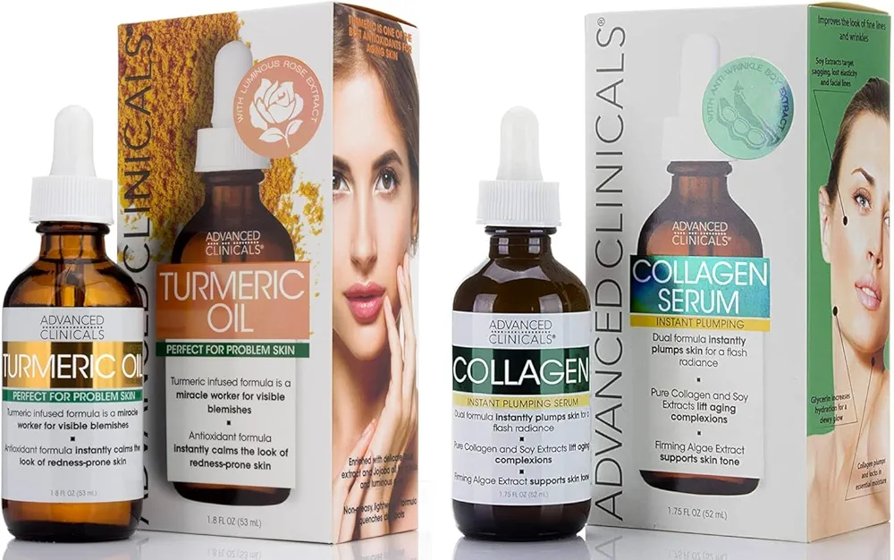 Advanced Clinicals Collagen Plumping Facial Serum + Turmeric Oil Blemish Facial Serum Set