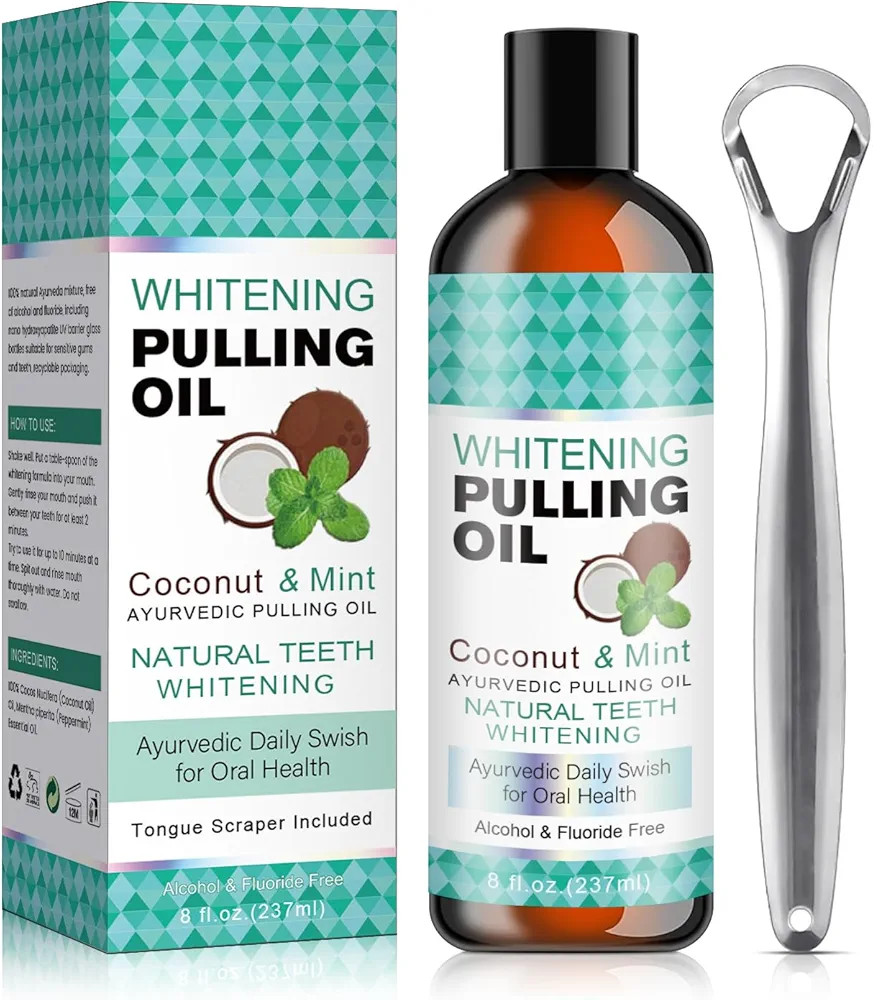 Coconut Pulling Oil, Mint Oil Pulling Mouthwash with Tongue Scraper, Natural Coconut Oil Pulling with Coconut & Peppermint Oil-Mouthwash, Fresh Breath & Teeth Healthy Gums (8 Fl.Oz)