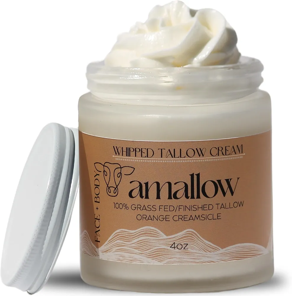 100% Grass Fed Beef Tallow for Skin Care - Face + Body - Whipped Moisturizer - 100% Natural Lotion, 4 FL. oz. (Orange Creamsicle)