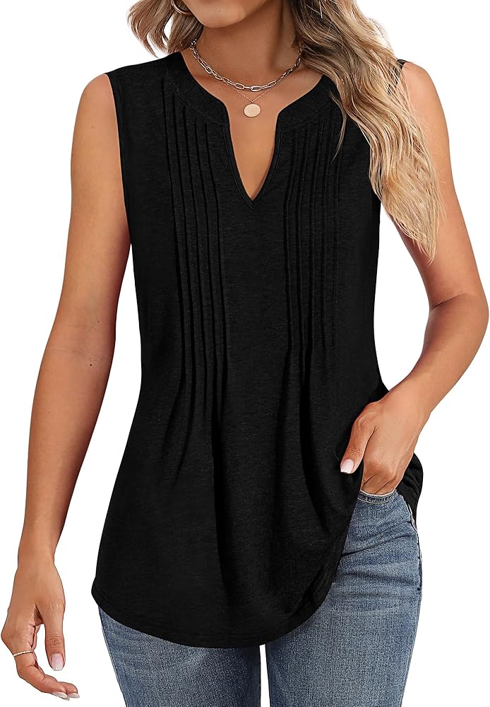 Women's Tank Tops Sleeveless Pleated Tunic V Neck T-Shirts Summer Dressy Casual Loose Blouses 2024 Trendy