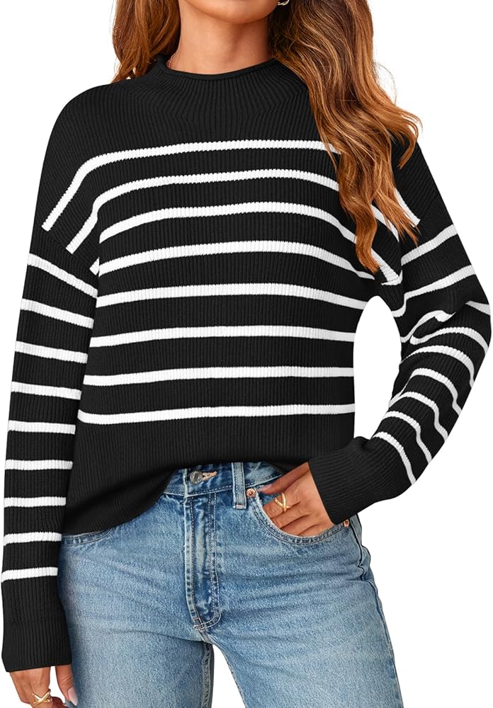 MEROKEETY Women's Fall Long Sleeve Striped Pullover Sweaters 2024 Trendy Turtleneck Casual Knit Tops