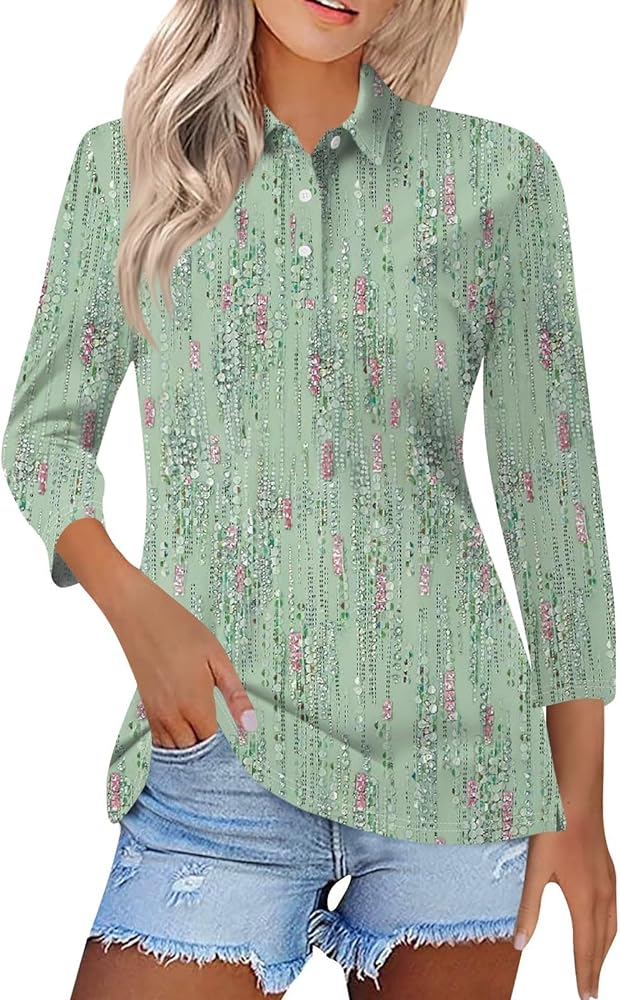 3/4 Sleeve Tops Polo Shirts for Women,Vintage Printed V Neck T Shirt Casual Blouses Button Down Pullover S-3Xl