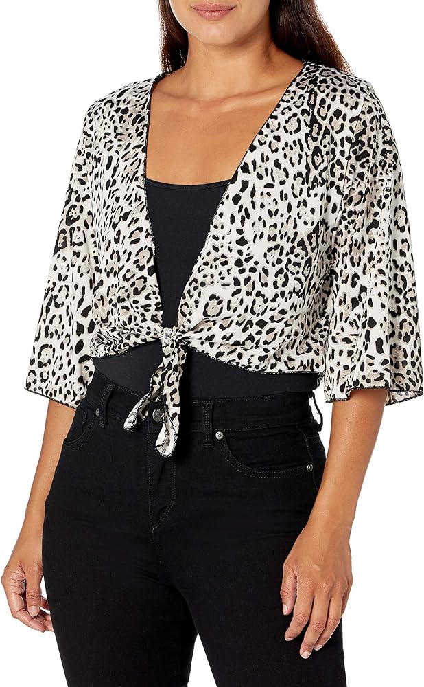 Star Vixen Women's Plus Size Tie Front Elbow Sleeve Cardigan