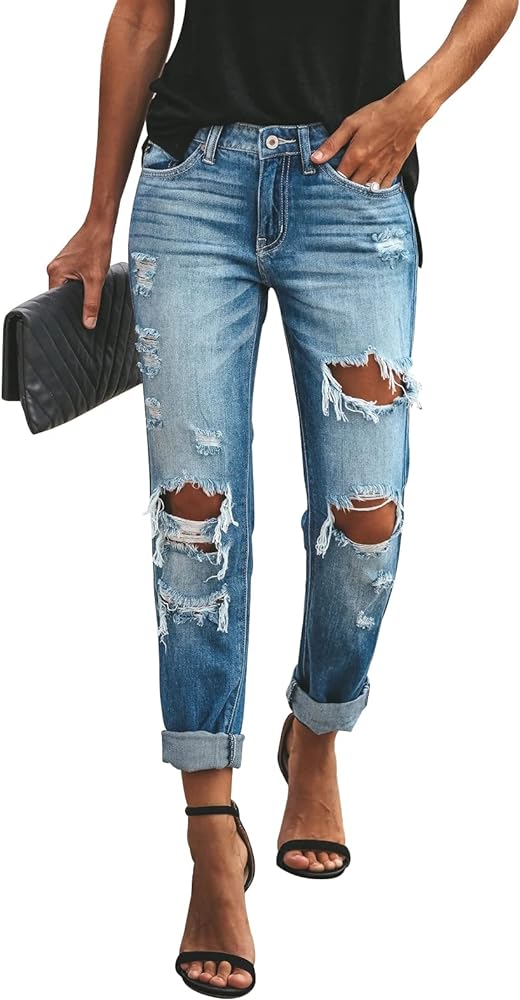 KUNMI Women's Ripped Mid Waisted Boyfriend Jeans Loose Fit Distressed Stretchy Denim Pants