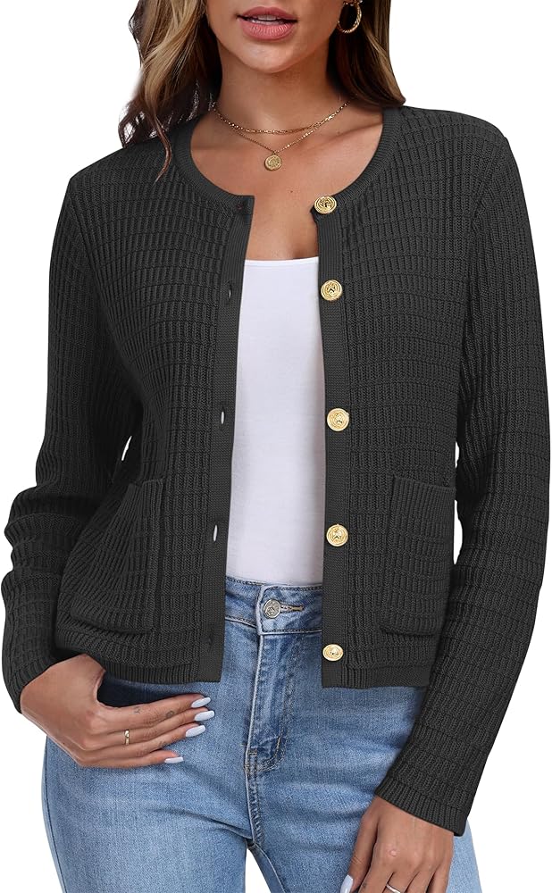 ANRABESS Women Casual Dressy Classic Cardigan Sweater 2024 Fall Long Sleeve Crew Neck Button Down Tweed Knit Jackets