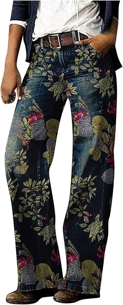 Women Vintage Baggy Jean Straight Leg Hippie Jeans Floral Printed Jeans with Belt Wide-Leg Denim Pants Baggy Y2K Jeans