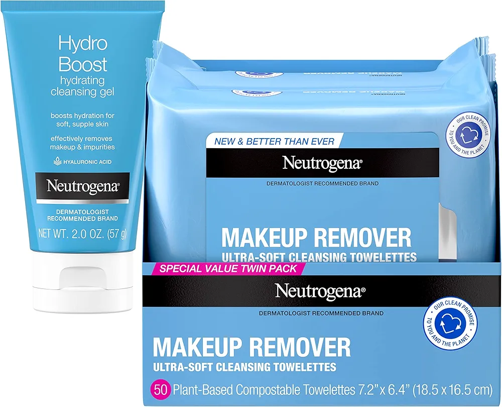 Neutrogena Makeup Remover Facial Cleansing Wipes, Value Twin Pack, 2 x 25ct, & Neutrogena Hydro Boost Lightweight Hydrating Facial Cleansing Gel with Hyaluronic Acid, 2 oz, Travel Pack