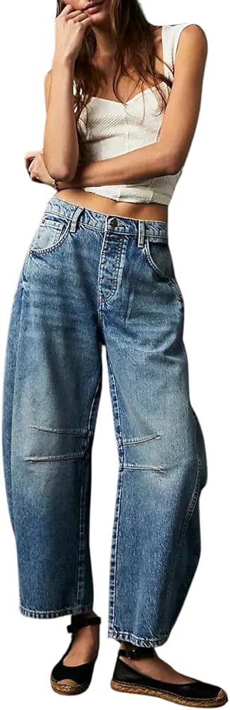 Barrel Jeans Women,Women Mid Rise Barrel Jeans Wide Leg Baggy Trendy Jeans Boyfriend Vintage Denim Pants with Pocket