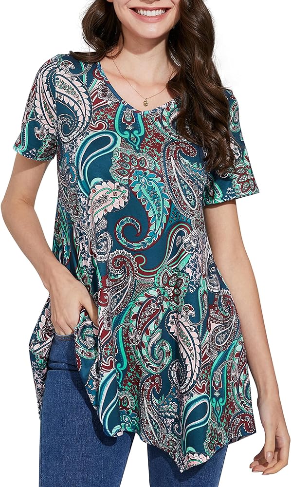 ENMAIN Womens Tunic Tops Short Sleeve Plus Size Summer Tunic Tops to Wear with Leggings Printed T-Shirt Floral Blouses