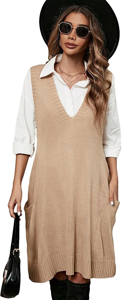 OYOANGLE Women's Rib Knit Sleeveless V Neck Loose Pullover Knee Length Sweater Dress Knitwear