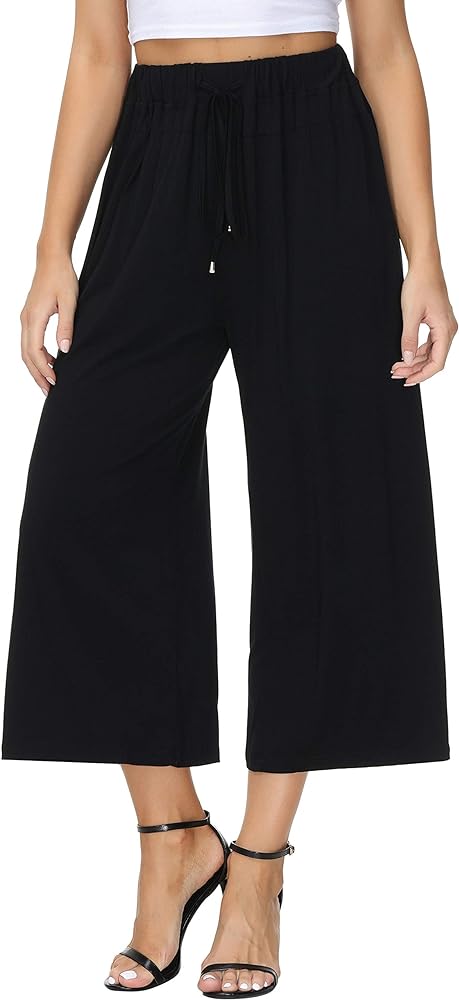 HOW'ON Women's Elastic Waist Wide Leg Casual Palazzo Capri Culottes Pants Soft Knit Cropped Pants