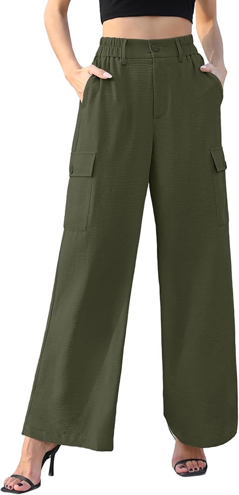 CZYINXIAN Women's Casual Wide Leg Cargo Pants with 4 Pockets High Waist Work Wide-Leg Baggy Pants