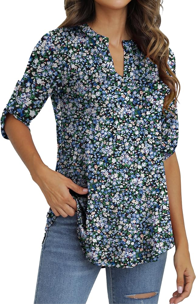 Othyroce Women's Plus Size Short Sleeve Summer Plaid Shirts Zip Floral Casual Tunic Blouse Tops M/L/1X/2X/3X/4X