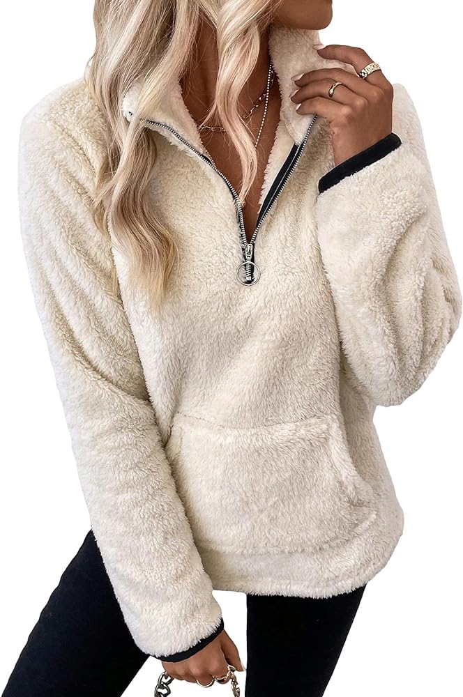 Verdusa Women's Half Zip Fuzzy Sweatshirt Long Sleeve Fleece Pullover Top with Pocket