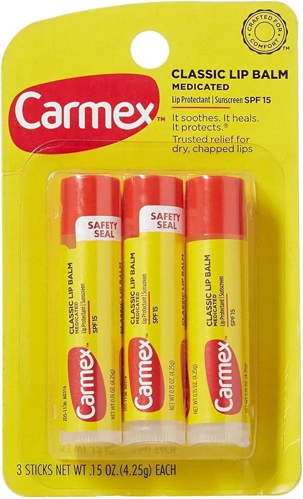 Carmex Lip Balm, Moisturizing, Original.15 Ounce, 3 ct. (Four Packs of 3)