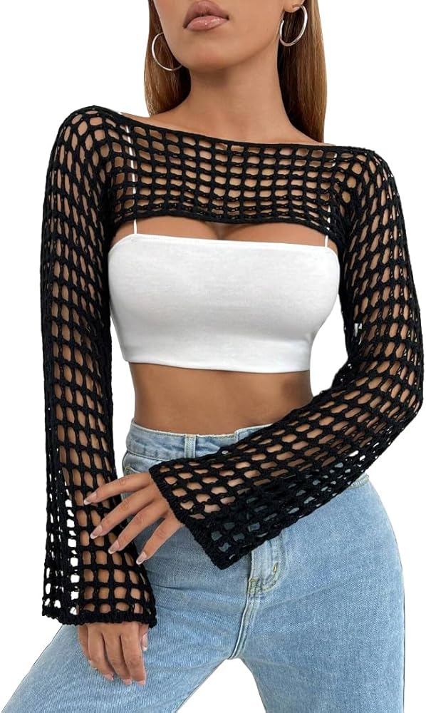 Womens Crochet Shrug Y2K Hollow Out Bolero Shrug See Through Cropped Knit Sweater Top