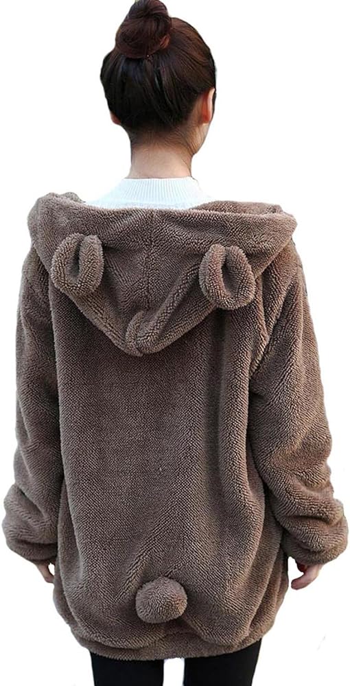 Women Fashion Bear Tail Hoodies,Fluffy 2-ply Sherpa Winter Rabbit Ear&Tail Hooded