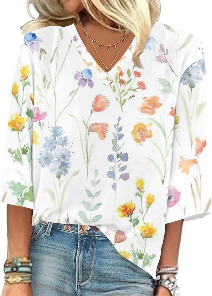 Women Top Summer 3/4 Sleeve Shirts Lace V Neck Dressy Tops Trendy Vacation Floral Blouses, Small-8X-Large