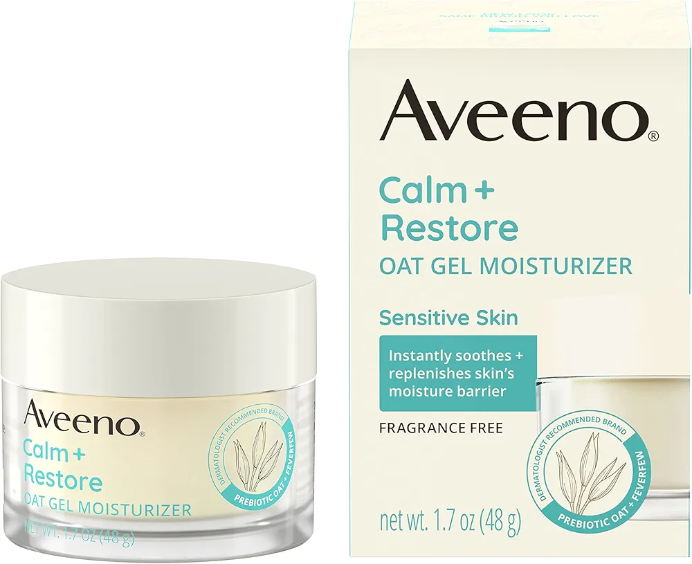 Aveeno Calm + Restore Oat Gel Facial Moisturizer for Sensitive Skin, Lightweight Gel Cream Face Moisturizer with Prebiotic Oat and Feverfew, Hypoallergenic, Fragrance- and Paraben-Free, 1.7 oz