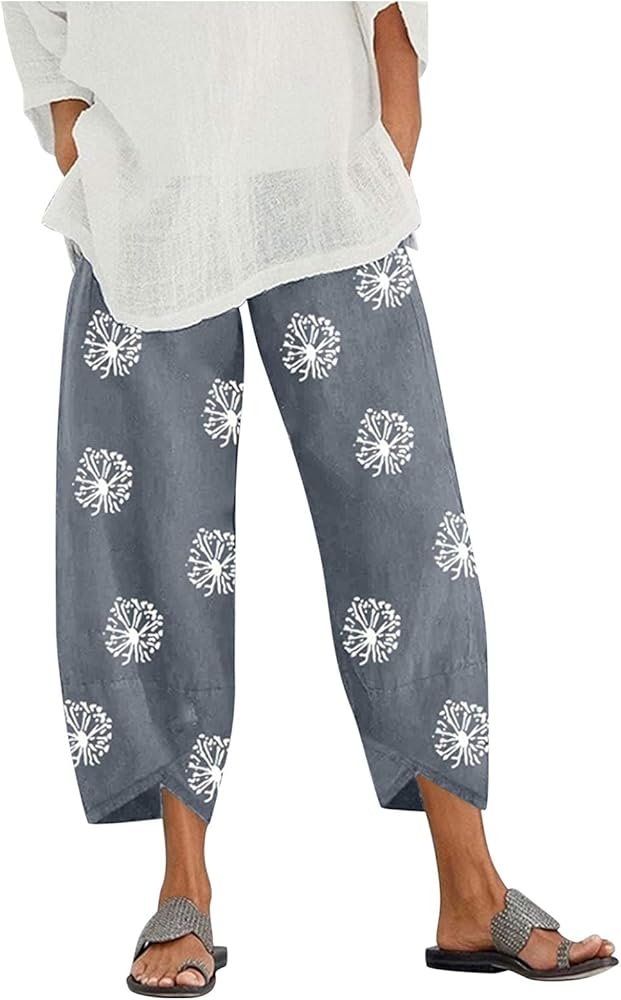 Cotton Linen Casual Summer Capri Pants for Women Cropped Comfy Baggy Trousers Palazzo Lounge Pants, Medium