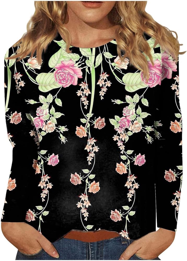 Shirts for Women Round Neck Long Sleeves Blouses Retro Flower Print Soft Top Sports Fan Workout Pullover