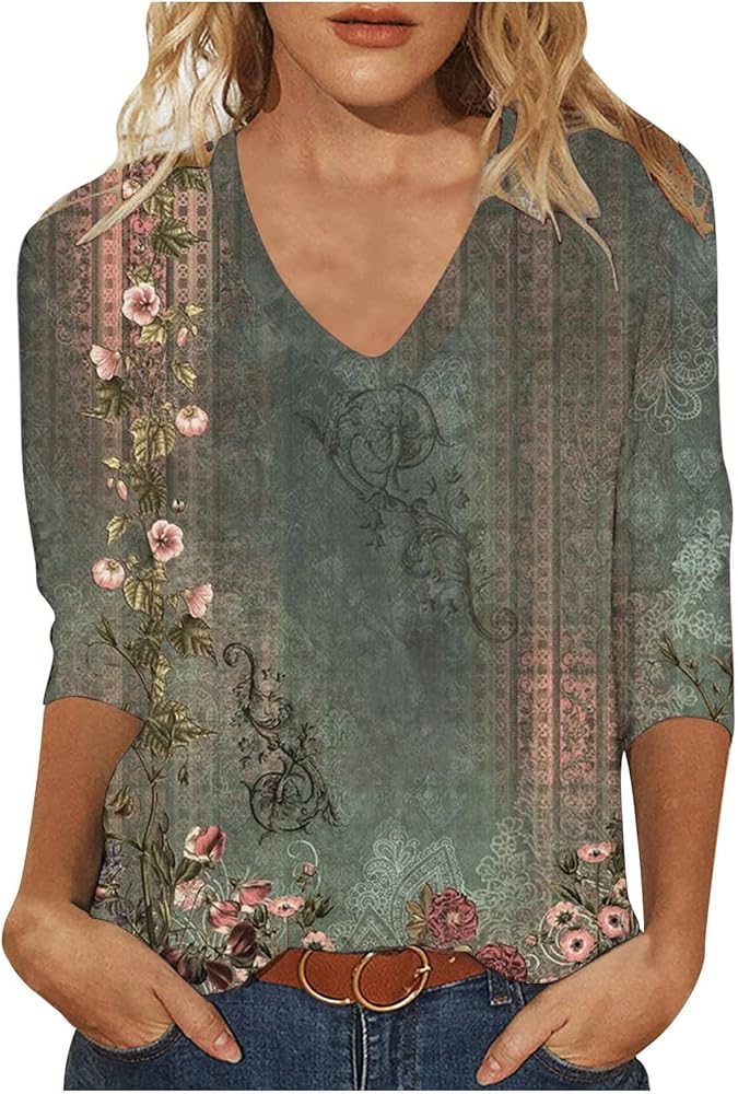 Ceboyel Womens 3/4 Sleeve Summer Shirts Floral Boho Tees Tops V Neck Trendy Blouses Dressy Causal Clothing 2024