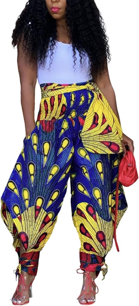 Voghtic Womens Casual African Print Harem Pants Hippie Loose Beach Boho Wide Leg Palazzo Lounge Trousers with Pockets